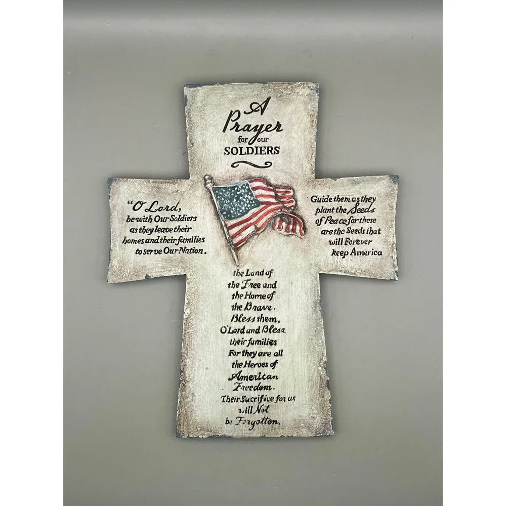 Patriotic Prayer for our Soldiers Wall Cross Plaque American Flag Decor 10x7.5